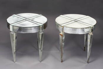 PAIR OF ROUND MIRRORED END TABLES