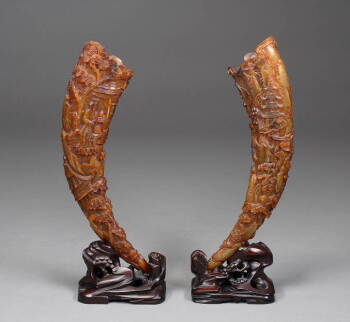 PAIR OF CHINESE CARVED RHINOCEROS HORNS