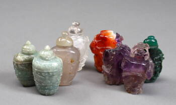 GROUP OF EIGHT CHINESE CARVED HARDSTONE SNUFF BOTTLE