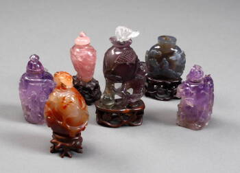 GROUP OF SIX CHINESE CARVED HARDSTONE SNUFF BOTTLE