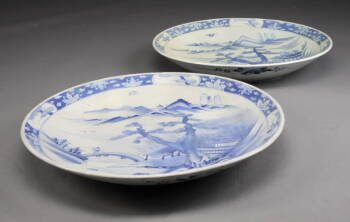 PAIR OF JAPANESE BLUE AND WHITE CHARGERS