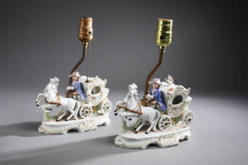 PAIR OF PORCELAIN HORSE AND CARRIAGE FORM TABLE LAMPS