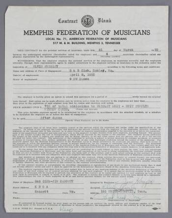 ELVIS PRESLEY EARLY PERFORMANCE CONTRACT