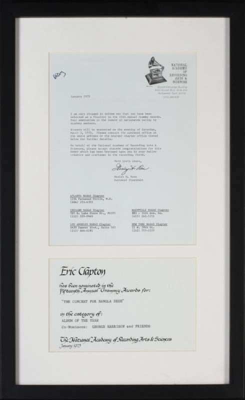 ERIC CLAPTON GRAMMY NOMINATION LETTER