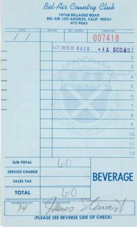 JIMMY STEWART SIGNED BEL-AIR COUNTRY CLUB RECEIPT