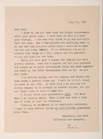 ANN MILLER CONDOLENCE LETTER FROM ETHEL MERMAN