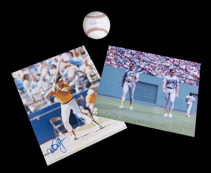 MARK McGWIRE SIGNED BASEBALL AND TWO PHOTOGRAPHS